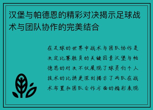 汉堡与帕德恩的精彩对决揭示足球战术与团队协作的完美结合