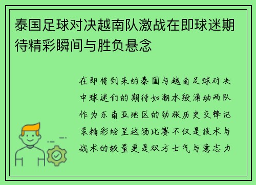 泰国足球对决越南队激战在即球迷期待精彩瞬间与胜负悬念